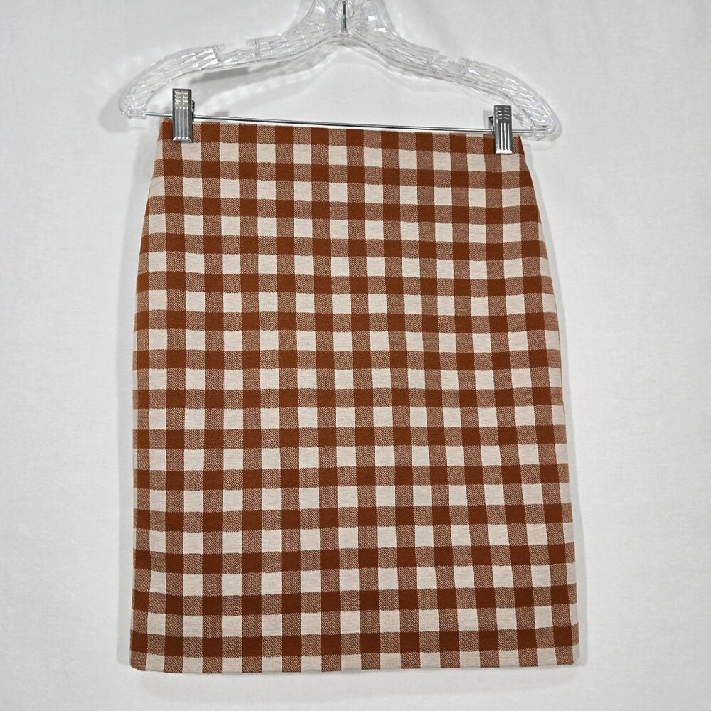 ACADEMIA - SIREN Brown & Beige Checkered Ponte Knit Pencil Mini Skirt PETITE XSP - Picture 6 of 16